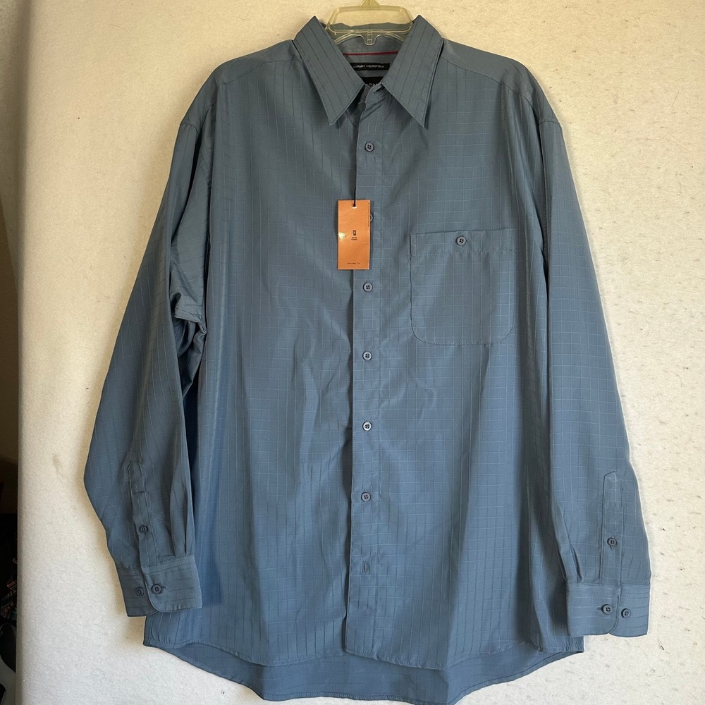 Haggar Luxury Microfiber Shirt Mens Large Tall LT Blue Grid Button Down Long Slv